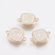 Natural Druzy Agate Links connectors, with Brass Findings, Square, Golden, AB Color Plated, 16x11x3.5~4mm, Hole: 1mm(KK-G343-08G-05)