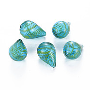 Transparent Handmade Blown Glass Globe Beads, Stripe Pattern, Teardrop, Medium Turquoise, 28~29.5x18.5~19.5mm, Hole: 1.2~2.2mm(GLAA-T012-05)