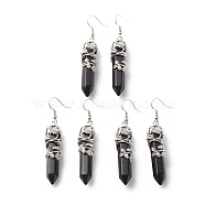 Natural Obsidian Bullet with Flower Dangle Earrings, Platinum Tone Brass Jewelry for Women, Cadmium Free & Lead Free, 62~63mm, Pin: 0.6mm(EJEW-G300-02P-06)