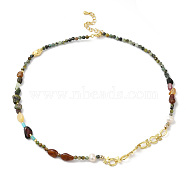 Natural Topaz Jade & Tourmaline Chips & Pearl Beaded Necklace, Brass Jewelry, Cadmium Free & Lead Free, Real 18K Gold Plated, 14.65 inch(37.2cm)(NJEW-G099-03G)