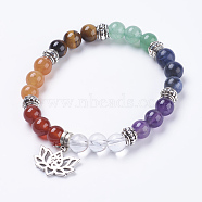 Chakra Jewelry, Natural Mixed Stone Beads Stretch Bracelets, with Alloy Findings, Lotus, Antique Silver, 2-1/4 inch(5.7cm), Pendant: 16x20x1.5mm(BJEW-G600-03AS)