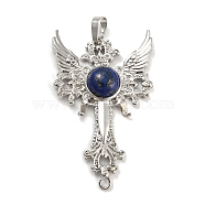 Natural Lapis Lazuli Big Pendants, Cross with Wing Charms, with Platinum Plated Brass Findings, 52.5x32x7~7.5mm, Hole: 4x8mm & 2mm(G-G009-01P-10)