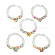 ABS Plastic Imitation Pearl Stretch Bracelets, Butterfly Alloy Enamel Charms Bracelets for Kid, Mixed Color, Inner Diameter: 1-3/4 inch(4.4cm)(BJEW-JB09889)