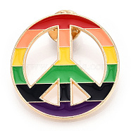 Alloy Brooches, Enamel Pin, with Brass Butterfly Clutches, Rainbow Peace Sign, Light Gold, Colorful, 34x2mm, Pin: 1mm(JEWB-S011-054)