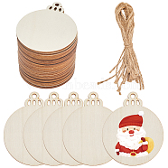 Unfinished Natural Wood Cutouts Ornaments, with Jute Twine, Hanging Decorations, for Party Gift Home Decoration, Flat Round, 80x65x2mm, Hole: 5mm, 30pcs(WOOD-SP0001-17B)