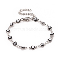 Enamel Heart with Evil Eye Link Chains Bracelet, 304 Stainless Steel Jewelry for Women, Stainless Steel Color, Black, 6-3/4 inch(17.1cm)(BJEW-P271-06P-04)