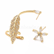 Cubic Zirconia Flower and Leaf Asymmetrical Earrings, Rack Plating Real 18K Gold Plated Brass Stud Earrings with Ear Cuff for Women, Lead Free & Cadmium Free, Clear, 11.5~34.5x12~14mm, Pin: 0.7mm(EJEW-E263-04G)