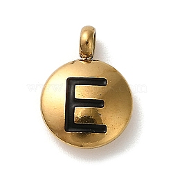 304 Stainless Steel Black Enamel Charms, Golden, Flat Round with Letter Charm, Letter E, 11x8x2.5mm, Hole: 1.8mm(STAS-R009-01G-E)