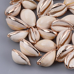 Electroplate Cowrie Shell Pendants, with Iron Findings, Golden, Seashell Color, 22~29x12~19x10~12mm, Hole: 1.6mm(SSHEL-S261-11)