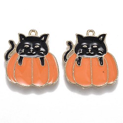 Autumn Theme Alloy Enamel Pendants, Black Cat with Orange Pumpkin, Light Gold, 21x20x1.5mm, Hole: 1.6mm(ENAM-J649-06LG-01)