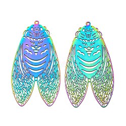 Ion Plating(IP) 201 Stainless Steel Etched Metal Embellishments Big Pendants, Cicada Charm, Rainbow Color, 50x26.5x0.3mm, Hole: 1.4mm(STAS-G328-04RC)