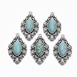 Tibetan Style Alloy Pendants, with Synthetic Turquoise, Cadmium Free & Lead Free, Rhombus Flower, Antique Silver, 37.5x22x7.5mm, Hole: 1.8mm(X-PALLOY-R113-010-RS)