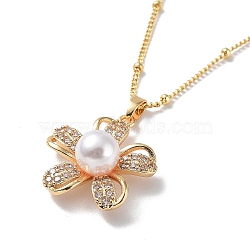 Flower Brass Micro Pave Cubic Zirconia Pendant Necklaces with Plastic Imitation Pearl, Light Gold, 17.40 inch(442mm)(NJEW-A015-02KCG)
