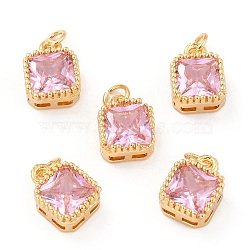 Real 18K Gold Plated Brass Inlaid Cubic Zirconia Charms, with Jump Ring, Long-Lasting Plated, Square, Pink, 9.5x7x4mm, Jump Ring: 4x0.5mm, 2.5mm Inner Diameter(ZIRC-L100-073G-06)