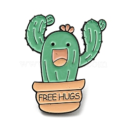 Cactus with Word Free Hugs Enamel Pins, Black Alloy Brooches for Backpack Clothes, Light Green, 30x24.5x2mm(JEWB-Z008-02B)