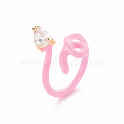Brass Micro Pave Clear Cubic Zirconia Cuff Rings, Open Rings, with Enamel, Snake, Cadmium Free & Nickel Free & Lead Free, Real 16K Gold Plated, Pearl Pink, US Size 6, Inner Diameter: 17mm(RJEW-S045-116A-NR)