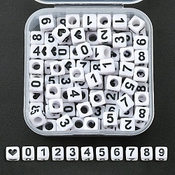 Opaque White Acrylic Beads, Cube with Black Number & Heart, White, 6x6x6mm, Hole: 3.5mm, 100pcs/box(MACR-YW0002-24)