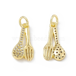 Rack Plating Eco-friendly Brass Micro Pave Clear Cubic Zirconia Tableware Pendants, Long-Lasting Plated, Lead Free & Cadmium Free, with Jump Ring, Spoon & Fork Charm, Real 18K Gold Plated, 17x9x3mm, Hole: 3mm(KK-B065-11G)