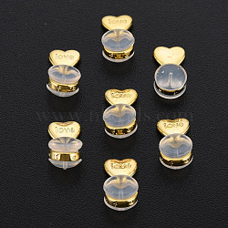 Silicone Ear Nuts, Earring Backs, with Brass Findings, Heart with Word Love, Cadmium Free & Nickel Free & Lead Free, Real 18K Gold Plated, 11x6x5mm, Hole: 0.6mm(SIL-N004-04-NR)