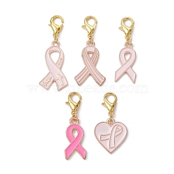 Breast Cancer Awareness Alloy Enamel Pendant Decoration, with Zinc Alloy Lobster Claw Clasps, Golden, 30~38mm(HJEW-JM01410)
