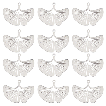 12Pcs Ion Plating(IP) 201 Stainless Steel Pendants, Laser Cut, Ginkgo Leaf, Stainless Steel Color, 23x30.5x1mm, Hole: 1.6mm