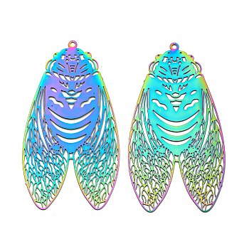 Ion Plating(IP) 201 Stainless Steel Etched Metal Embellishments Big Pendants, Cicada Charm, Rainbow Color, 50x26.5x0.3mm, Hole: 1.4mm