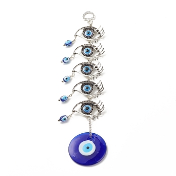Glass Turkish Blue Evil Eye Pendant Decoration, with Alloy Horse Eye Design Charm, for Home Wall Hanging Amulet Ornament, Antique Silver, 280mm, Hole: 13.5x10mm