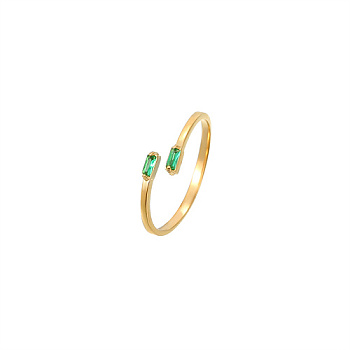 Golden Stainless Steel Cuff Ring, with Glass, Rectangle, Medium Sea Green, Inner Diameter: 20mm