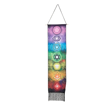 Chakra Theme Linen Wall Hanging Tapestry, Vertical Tapestry, with Tassel, Wood Rod & Iron Traceless Nail & Cord, for Home Decoration, Meditation, Rectangle, Round Pattern, 164cm
