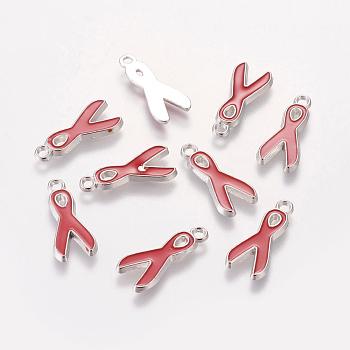 Alloy Enamel Pendants, Lead Free and Cadmium Free, Aids Awareness Ribbon, Platinum Metal Color, Red, 19x8x1mm, Hole: 2mm