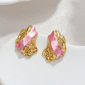 304 Stainless Steel Stud Earrings, Hammered Textured Nuggets, Golden, Pink, 19x27mm