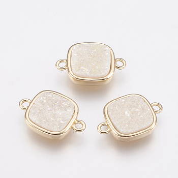 Natural Druzy Agate Links connectors, with Brass Findings, Square, Golden, AB Color Plated, 16x11x3.5~4mm, Hole: 1mm