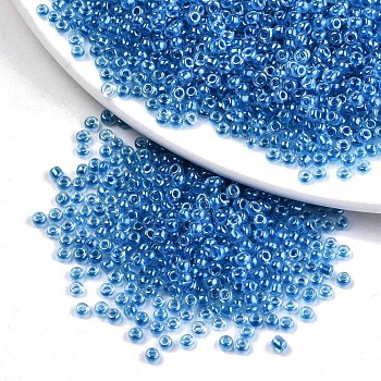 6/0 Glass Seed Beads, Transparent Inside Colours Luster, Round Hole, Round, Dodger Blue, 6/0, 4~5x2.5~4.5mm, Hole: 1.2mm, about 4500pcs/bag