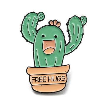Cactus with Word Free Hugs Enamel Pins, Black Alloy Brooches for Backpack Clothes, Light Green, 30x24.5x2mm