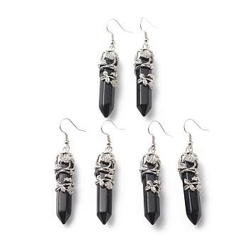 Natural Obsidian Bullet with Flower Dangle Earrings, Platinum Tone Brass Jewelry for Women, Cadmium Free & Lead Free, 62~63mm, Pin: 0.6mm