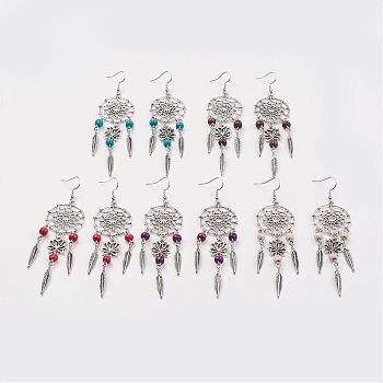 Alloy Chandelier Earrings, with Wood Beads and Brass Earring Hooks, Mixed Color, 106mm, Pin: 0.5mm
