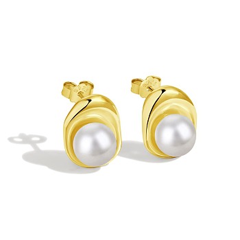 925 Sterling Silver Pearl Stud Earrings for Women, with S925 Stamp, Round, Real 18K Gold Plated, 13.5x11.2mm