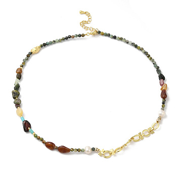 Natural Topaz Jade & Tourmaline Chips & Pearl Beaded Necklace, Brass Jewelry, Cadmium Free & Lead Free, Real 18K Gold Plated, 14.65 inch(37.2cm)