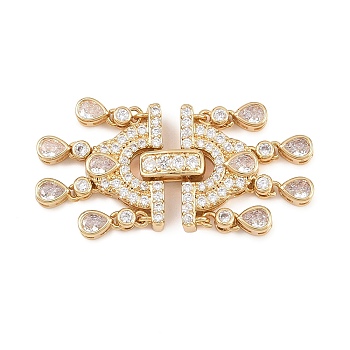 Brass Micro Pave Clear Cubic Zirconia Fold Over Clasps, Teardrop, Golden, 42.5x19.5x5mm