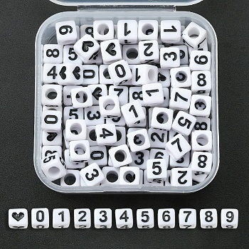 Opaque White Acrylic Beads, Cube with Black Number & Heart, White, 6x6x6mm, Hole: 3.5mm, 100pcs/box