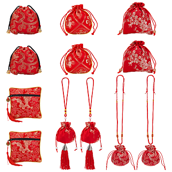 HOBBIESAY 12Pcs 6 Styles Silk Packing Pouches Set, Including Vintage Scented Sachet Perfume Drawstring Bag and Zipper Jewelry Gift Bag, with Tassel and Beads, Mixed Patterns, Red, 10.9~34cm, 2pcs/style