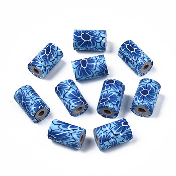 Handmade Polymer Clay Beads, Column with Jewelry Crafts Pattern, Cornflower Blue, 11x6~7.5mm, Hole: 2~3mm