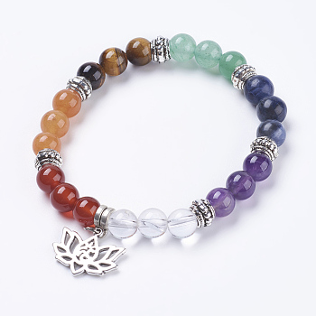 Chakra Jewelry, Natural Mixed Stone Beads Stretch Bracelets, with Alloy Findings, Lotus, Antique Silver, 2-1/4 inch(5.7cm), Pendant: 16x20x1.5mm
