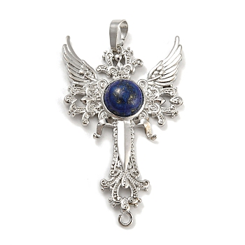 Natural Lapis Lazuli Big Pendants, Cross with Wing Charms, with Platinum Plated Brass Findings, 52.5x32x7~7.5mm, Hole: 4x8mm & 2mm