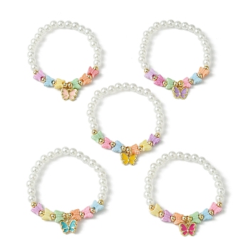 ABS Plastic Imitation Pearl Stretch Bracelets, Butterfly Alloy Enamel Charms Bracelets for Kid, Mixed Color, Inner Diameter: 1-3/4 inch(4.4cm)