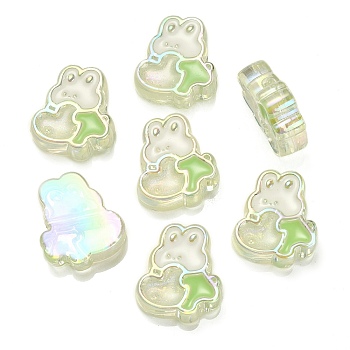 UV Plating Rainbow Iridescent Acrylic Enamel Beads, with Glitter Powder, Rabbit with Heart, Lime Green, 28x25x9mm, Hole: 3mm