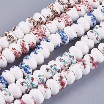 Handmade Porcelain Beads, Rondelle with Flower, Mixed Color, 11x6~6.5mm, Hole: 3~4mm