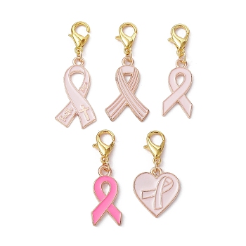 Breast Cancer Awareness Alloy Enamel Pendant Decoration, with Zinc Alloy Lobster Claw Clasps, Golden, 30~38mm