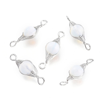 Synthetic Opalite Links Connectors, Wire Wrapped Links, with Platinum Tone Brass Wires, Round, Dyed, 34x11x10mm, Hole: 2.5mm