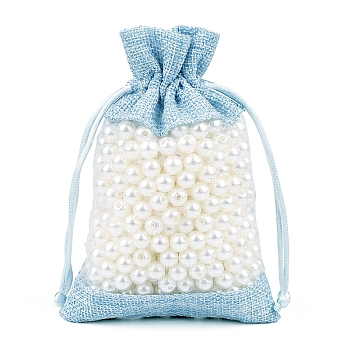 Linen & Organza Pouches, Drawstring Bag,  Rectangle, Light Sky Blue, 14x10cm